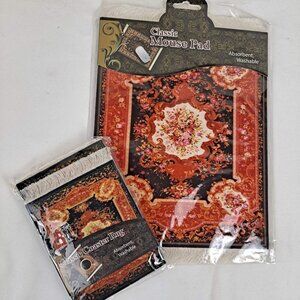 Arabic Rug Mouse Pad with Set of 4 Matching Coasters Navy Orange White NWT